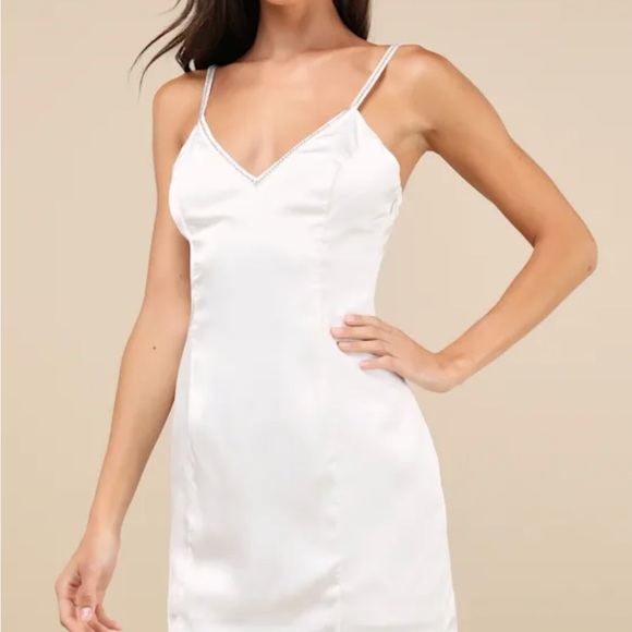 Glowing Intuition White Satin Rhinestone Bow Mini Dress - Picture 3 of 4